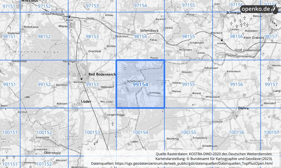 Übersichtskarte des KOSTRA-DWD-2020-Rasterfeldes Nr. 99154