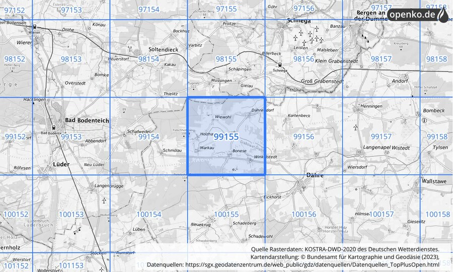 Übersichtskarte des KOSTRA-DWD-2020-Rasterfeldes Nr. 99155