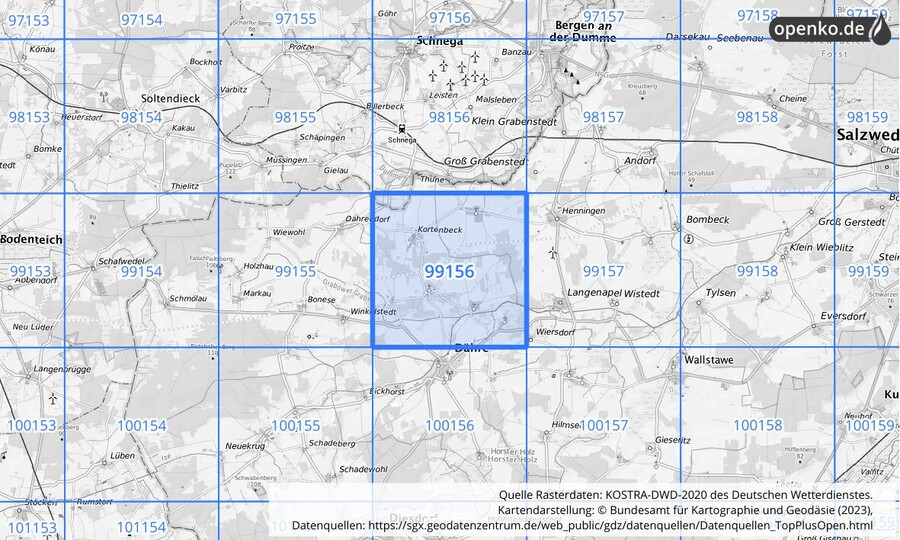 Übersichtskarte des KOSTRA-DWD-2020-Rasterfeldes Nr. 99156