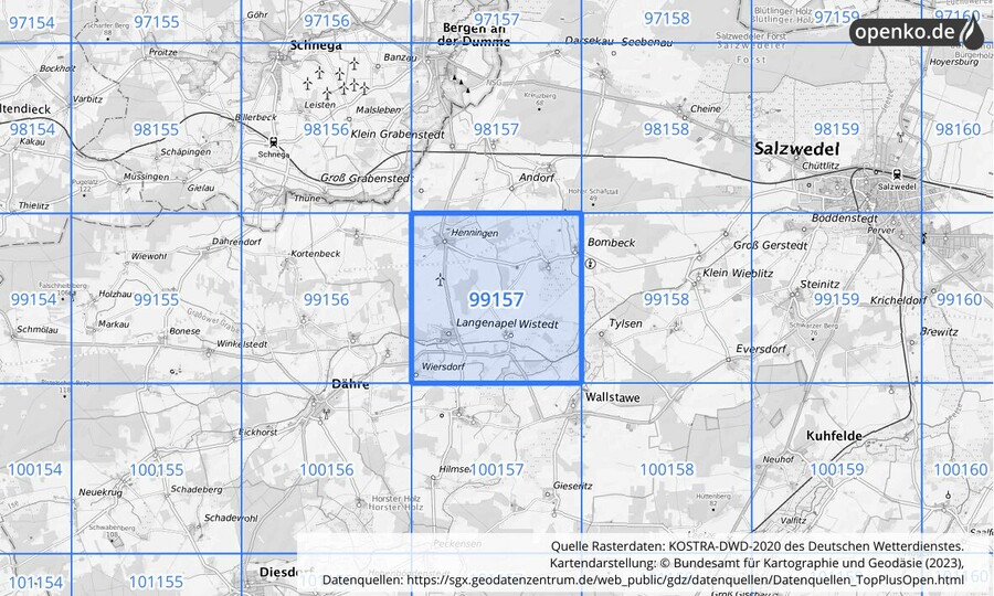 Übersichtskarte des KOSTRA-DWD-2020-Rasterfeldes Nr. 99157