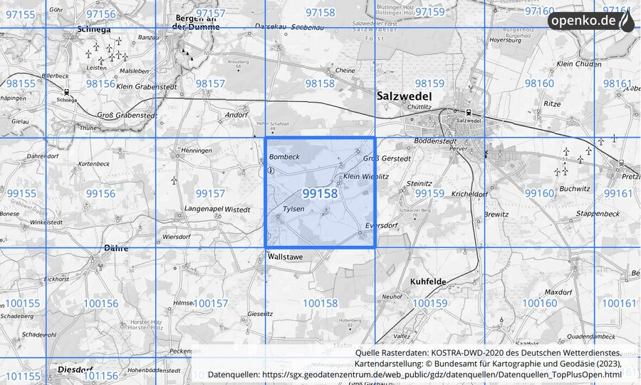 Übersichtskarte des KOSTRA-DWD-2020-Rasterfeldes Nr. 99158