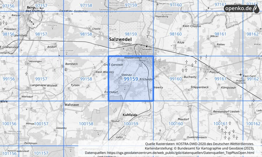 Übersichtskarte des KOSTRA-DWD-2020-Rasterfeldes Nr. 99159