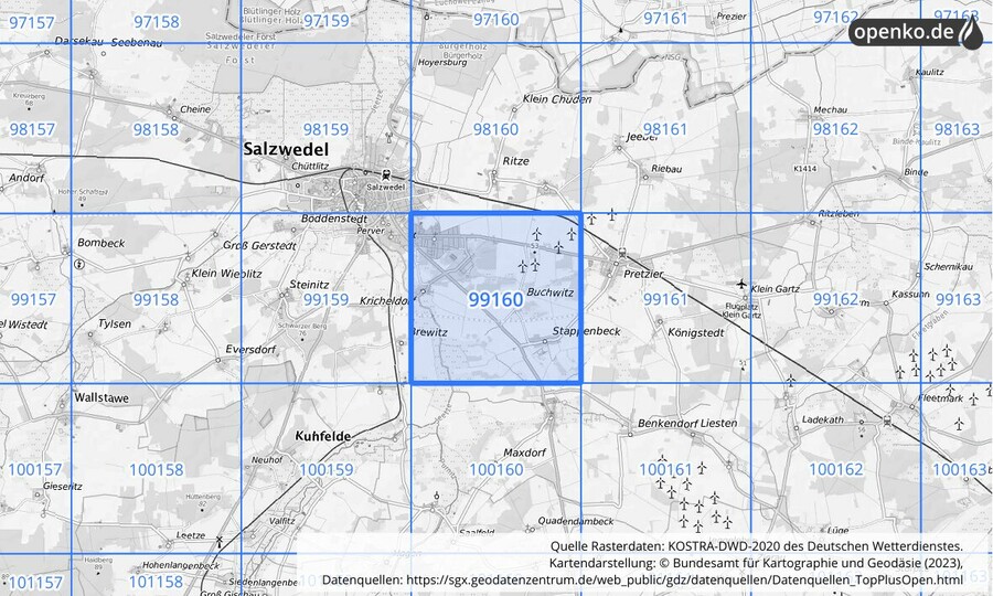 Übersichtskarte des KOSTRA-DWD-2020-Rasterfeldes Nr. 99160