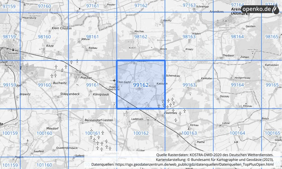 Übersichtskarte des KOSTRA-DWD-2020-Rasterfeldes Nr. 99162