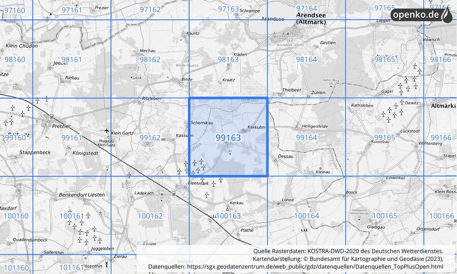 Übersichtskarte des KOSTRA-DWD-2020-Rasterfeldes Nr. 99163