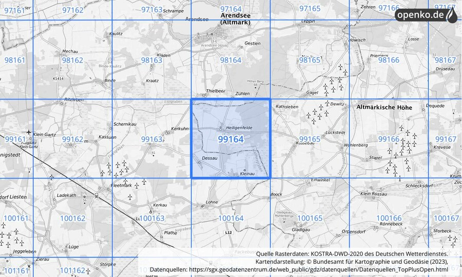 Übersichtskarte des KOSTRA-DWD-2020-Rasterfeldes Nr. 99164