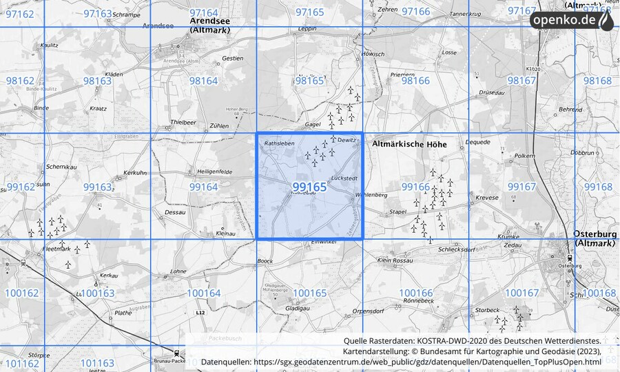 Übersichtskarte des KOSTRA-DWD-2020-Rasterfeldes Nr. 99165