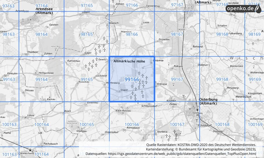 Übersichtskarte des KOSTRA-DWD-2020-Rasterfeldes Nr. 99166