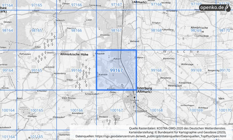 Übersichtskarte des KOSTRA-DWD-2020-Rasterfeldes Nr. 99167