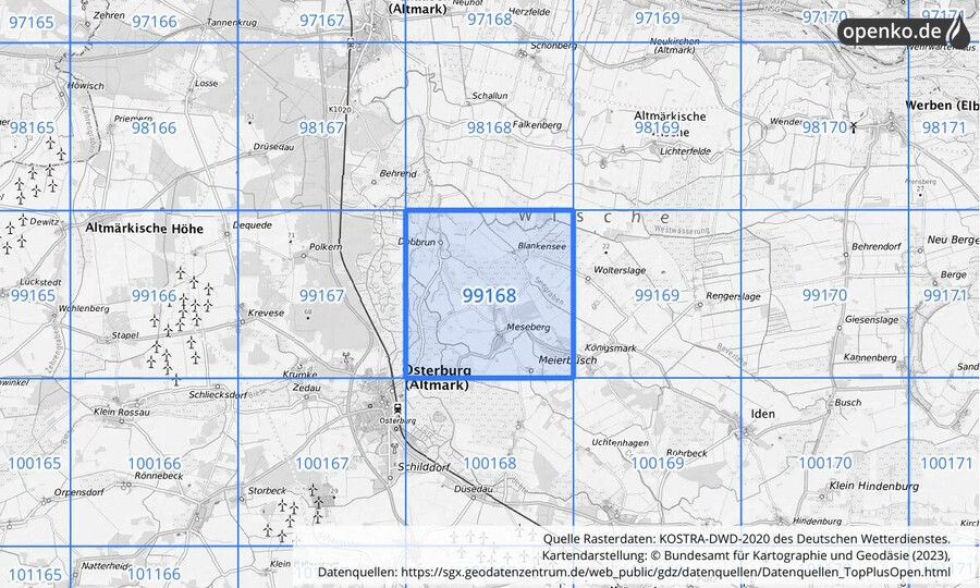 Übersichtskarte des KOSTRA-DWD-2020-Rasterfeldes Nr. 99168