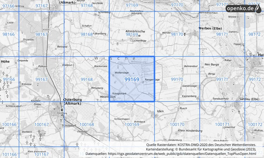 Übersichtskarte des KOSTRA-DWD-2020-Rasterfeldes Nr. 99169