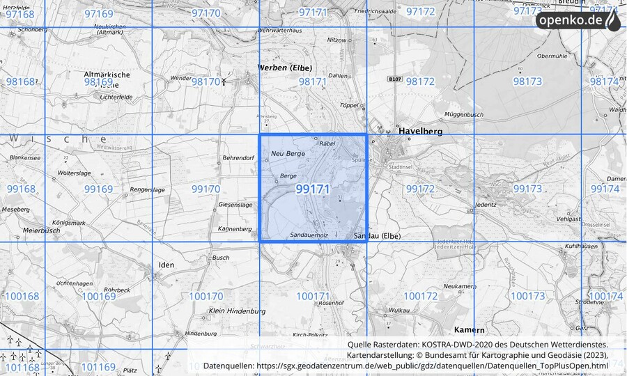 Übersichtskarte des KOSTRA-DWD-2020-Rasterfeldes Nr. 99171