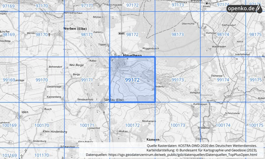 Übersichtskarte des KOSTRA-DWD-2020-Rasterfeldes Nr. 99172