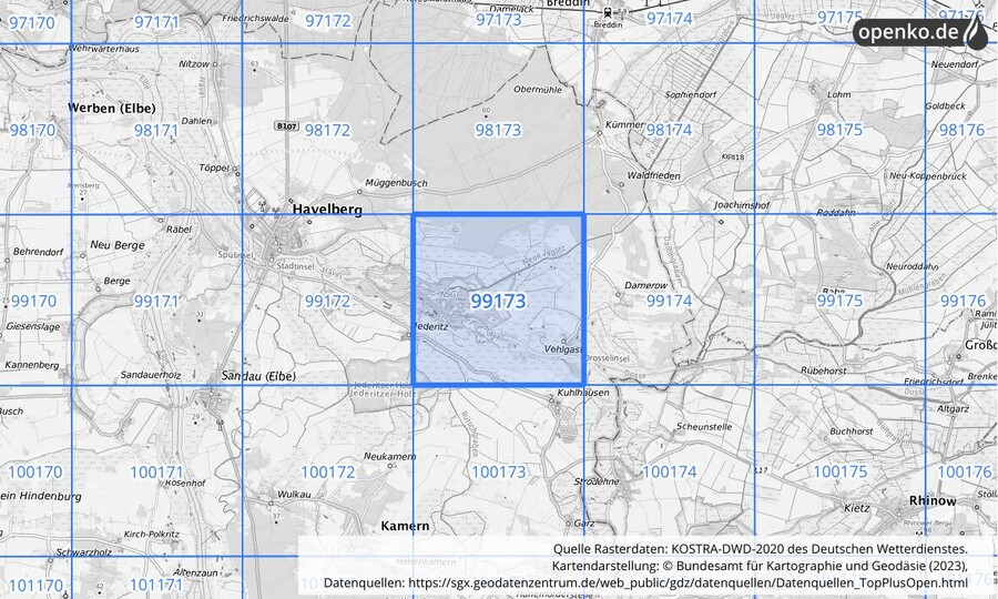 Übersichtskarte des KOSTRA-DWD-2020-Rasterfeldes Nr. 99173