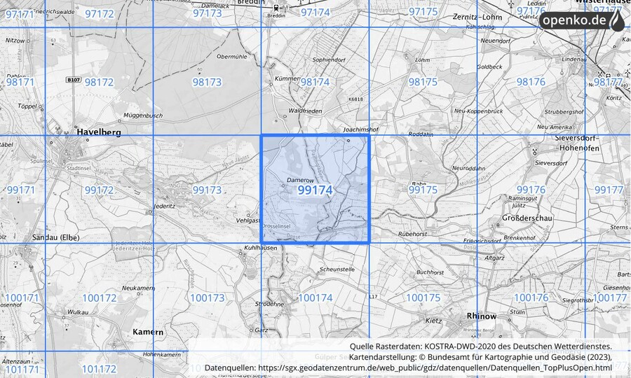 Übersichtskarte des KOSTRA-DWD-2020-Rasterfeldes Nr. 99174