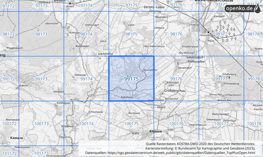 Übersichtskarte des KOSTRA-DWD-2020-Rasterfeldes Nr. 99175