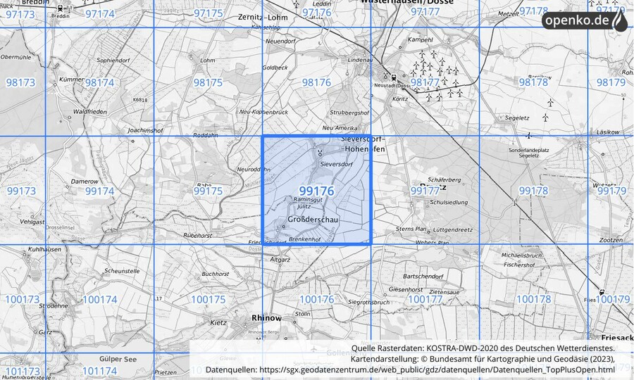 Übersichtskarte des KOSTRA-DWD-2020-Rasterfeldes Nr. 99176