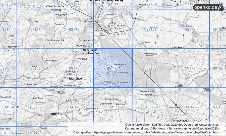 Übersichtskarte des KOSTRA-DWD-2020-Rasterfeldes Nr. 99177