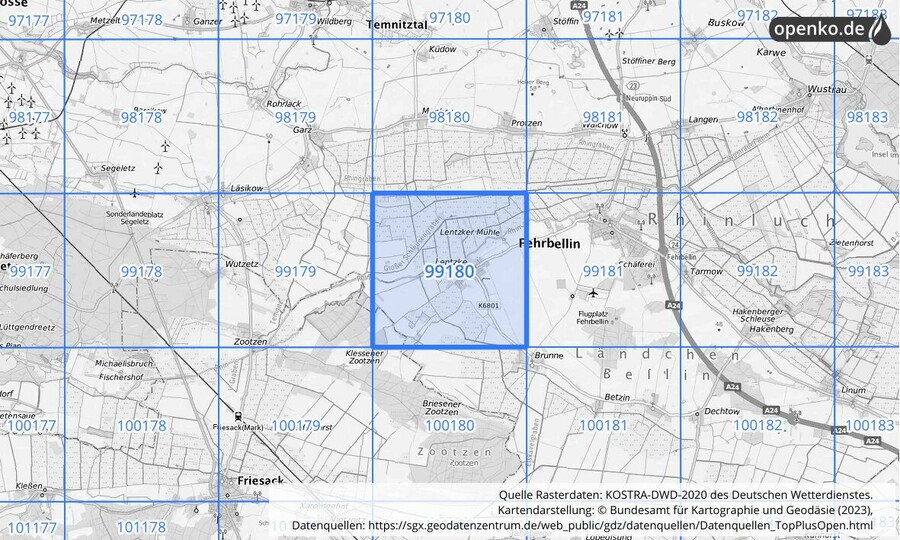 Übersichtskarte des KOSTRA-DWD-2020-Rasterfeldes Nr. 99180