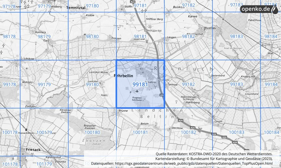 Übersichtskarte des KOSTRA-DWD-2020-Rasterfeldes Nr. 99181