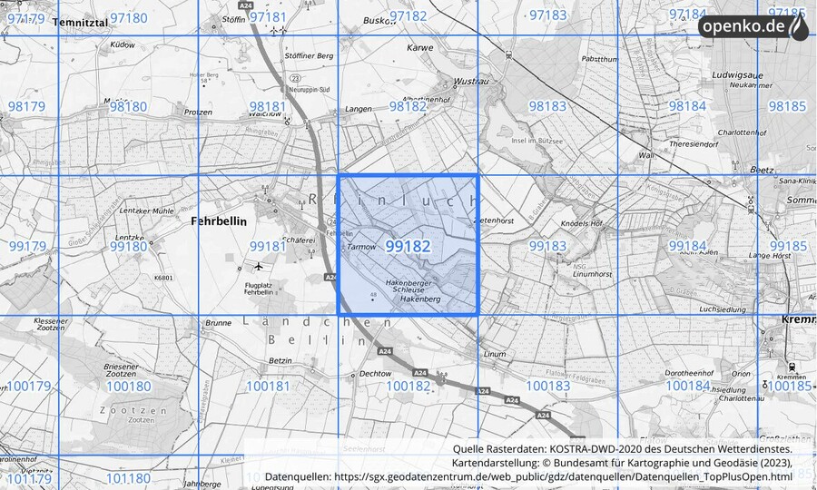 Übersichtskarte des KOSTRA-DWD-2020-Rasterfeldes Nr. 99182