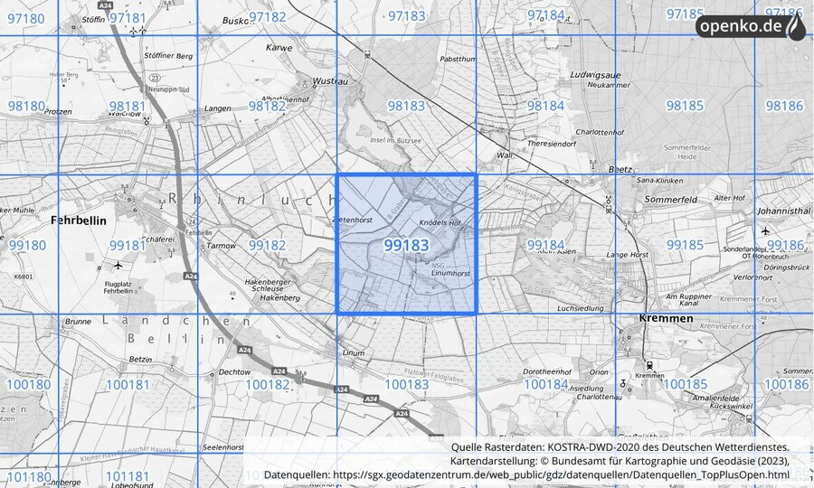 Übersichtskarte des KOSTRA-DWD-2020-Rasterfeldes Nr. 99183