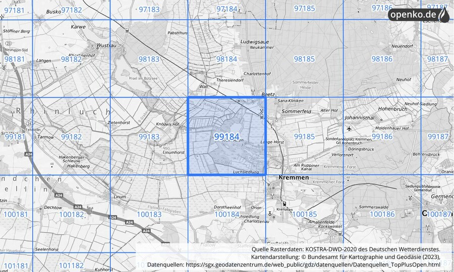 Übersichtskarte des KOSTRA-DWD-2020-Rasterfeldes Nr. 99184