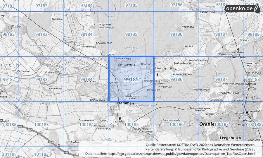 Übersichtskarte des KOSTRA-DWD-2020-Rasterfeldes Nr. 99185