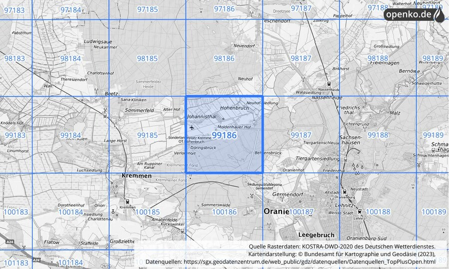 Übersichtskarte des KOSTRA-DWD-2020-Rasterfeldes Nr. 99186