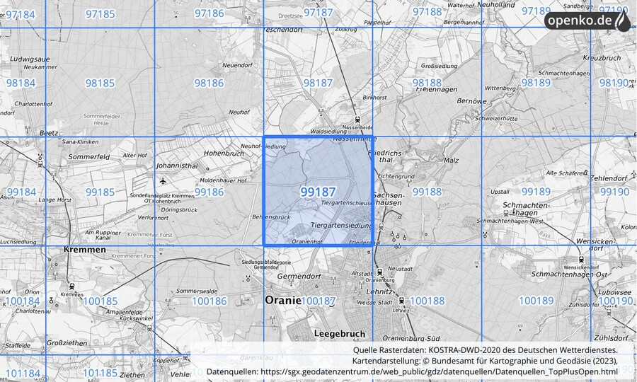 Übersichtskarte des KOSTRA-DWD-2020-Rasterfeldes Nr. 99187