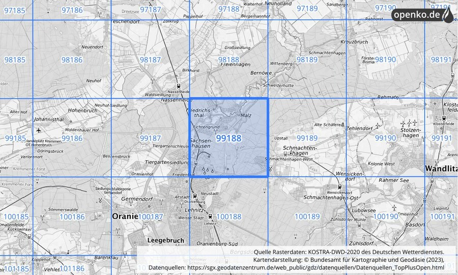 Übersichtskarte des KOSTRA-DWD-2020-Rasterfeldes Nr. 99188