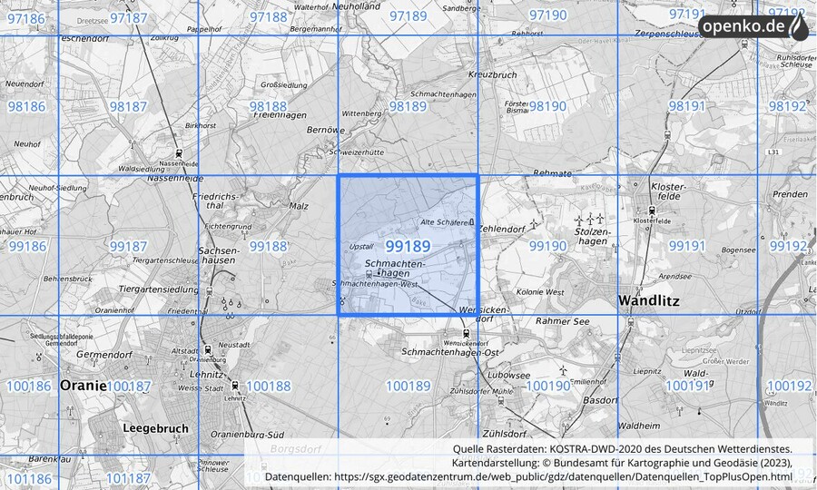 Übersichtskarte des KOSTRA-DWD-2020-Rasterfeldes Nr. 99189