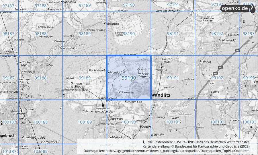 Übersichtskarte des KOSTRA-DWD-2020-Rasterfeldes Nr. 99190