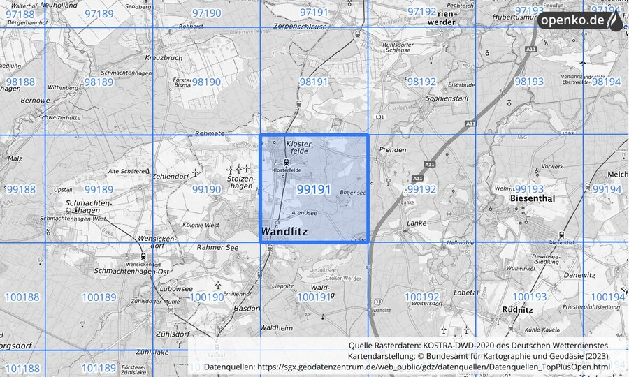 Übersichtskarte des KOSTRA-DWD-2020-Rasterfeldes Nr. 99191