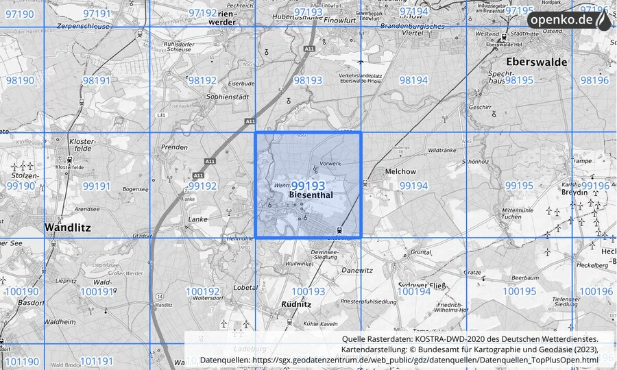 Übersichtskarte des KOSTRA-DWD-2020-Rasterfeldes Nr. 99193