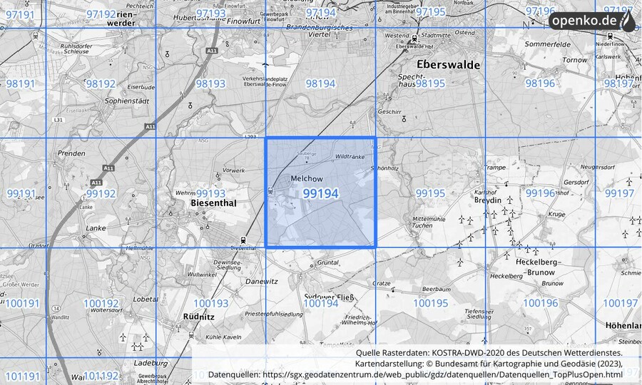 Übersichtskarte des KOSTRA-DWD-2020-Rasterfeldes Nr. 99194