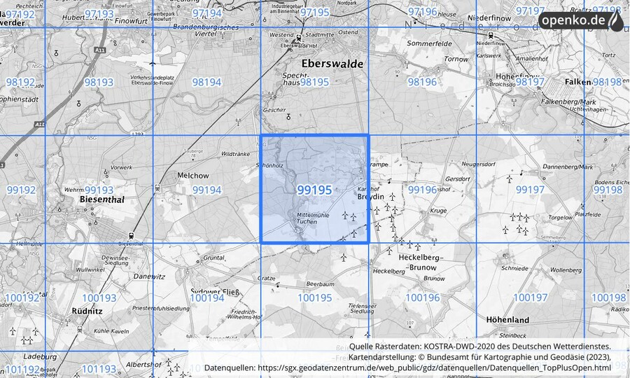 Übersichtskarte des KOSTRA-DWD-2020-Rasterfeldes Nr. 99195