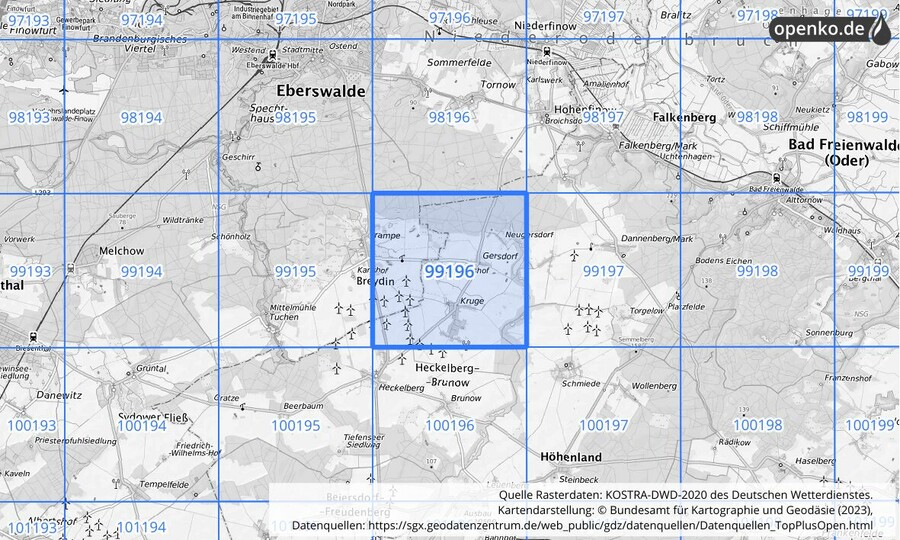 Übersichtskarte des KOSTRA-DWD-2020-Rasterfeldes Nr. 99196