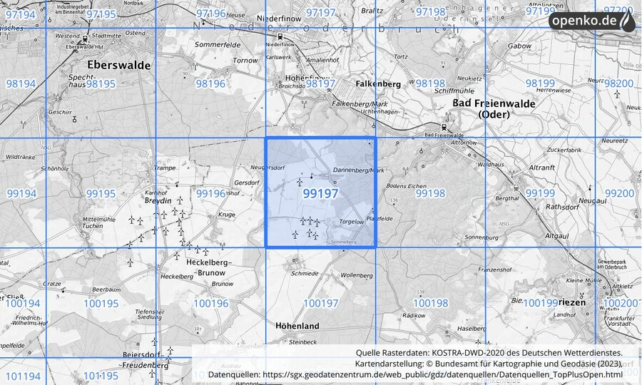 Übersichtskarte des KOSTRA-DWD-2020-Rasterfeldes Nr. 99197