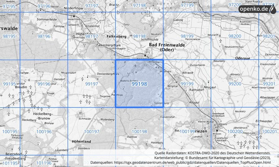 Übersichtskarte des KOSTRA-DWD-2020-Rasterfeldes Nr. 99198