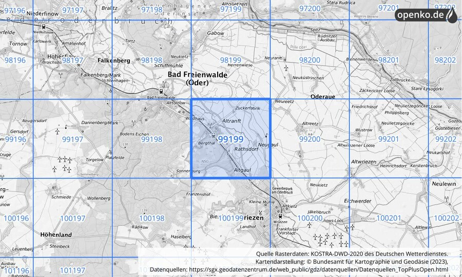 Übersichtskarte des KOSTRA-DWD-2020-Rasterfeldes Nr. 99199