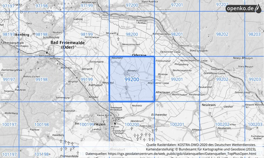 Übersichtskarte des KOSTRA-DWD-2020-Rasterfeldes Nr. 99200