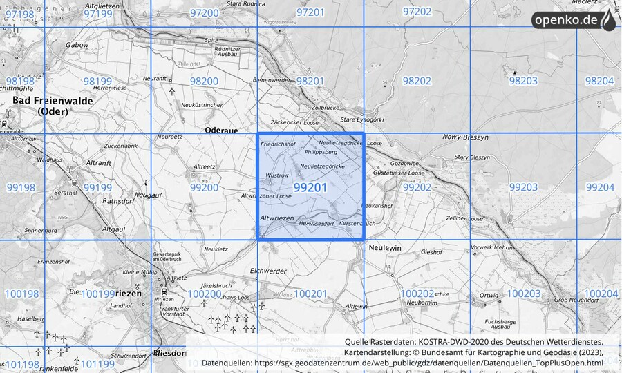 Übersichtskarte des KOSTRA-DWD-2020-Rasterfeldes Nr. 99201