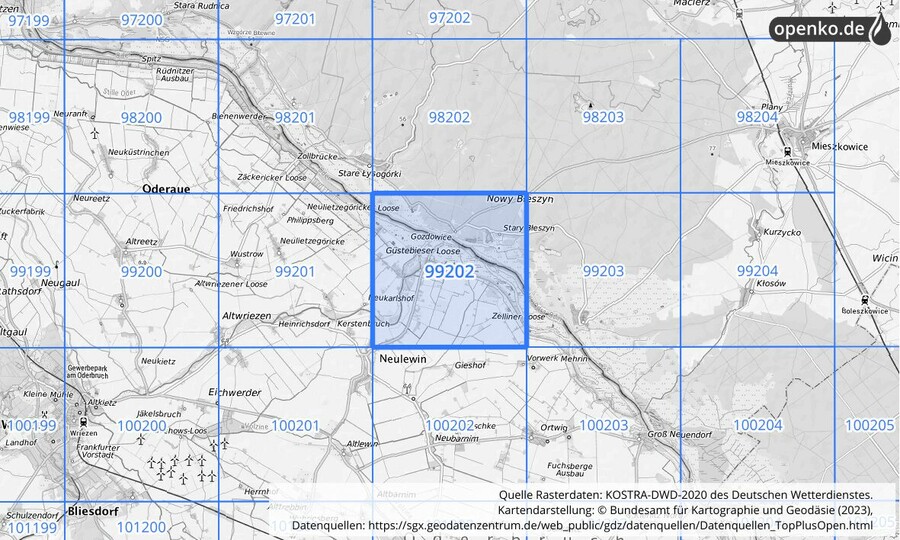 Übersichtskarte des KOSTRA-DWD-2020-Rasterfeldes Nr. 99202