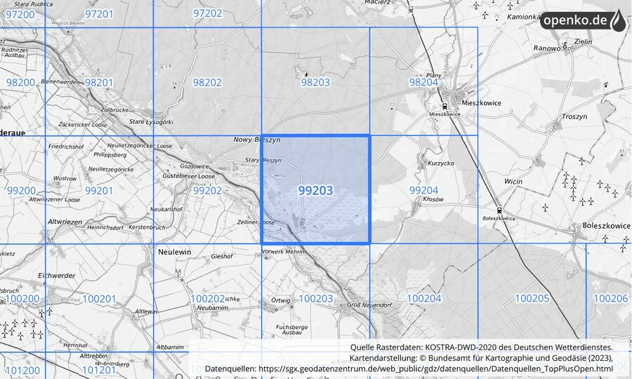 Übersichtskarte des KOSTRA-DWD-2020-Rasterfeldes Nr. 99203