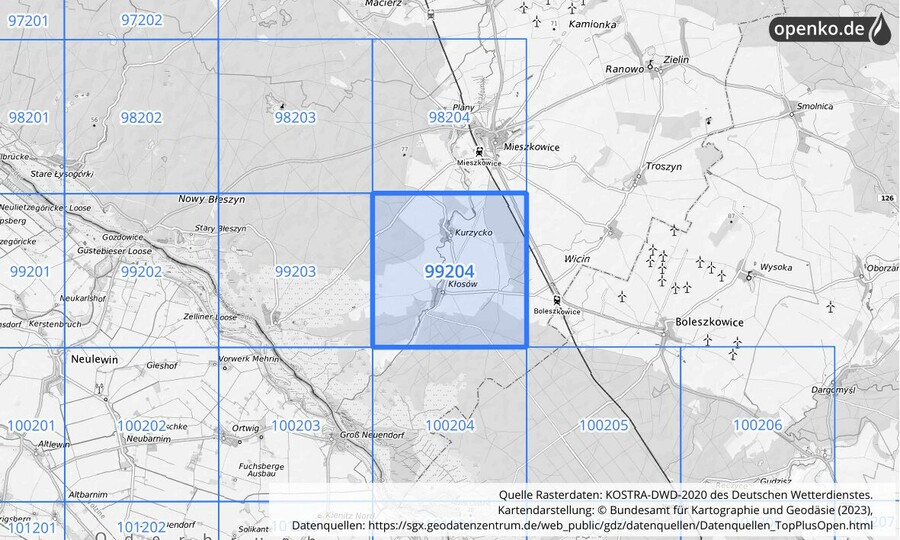 Übersichtskarte des KOSTRA-DWD-2020-Rasterfeldes Nr. 99204